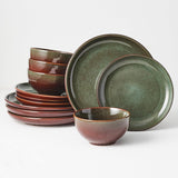 Stoneware Dinnerware Sets Service for 4, 12 pcs Reactive Glaze Plates and Bowls Sets, Handmade Ceramic Dish Set