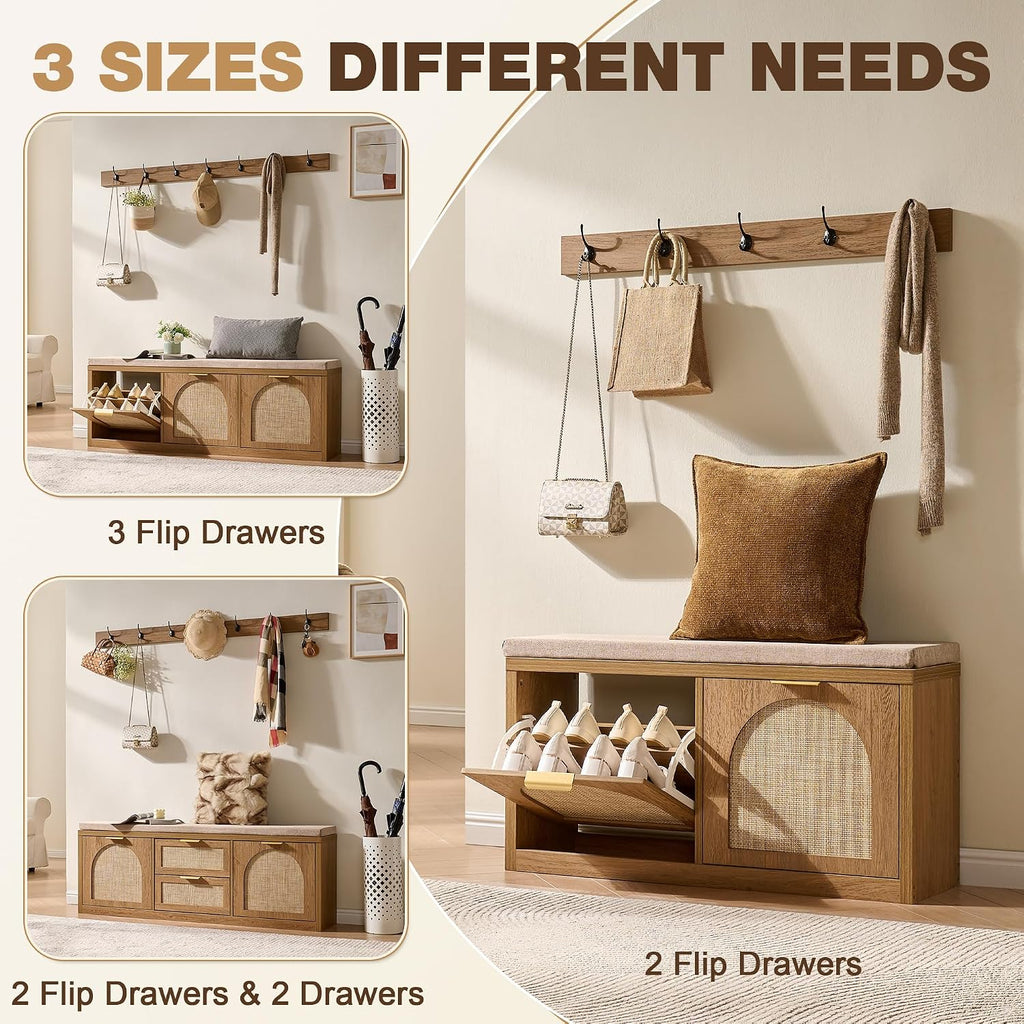 Rattan Narrow Entryway Bench with Shoe Storage, 2 Flip Drawers & Coat Rack, Mid-Century Modern Wood Shoe Cabinet with