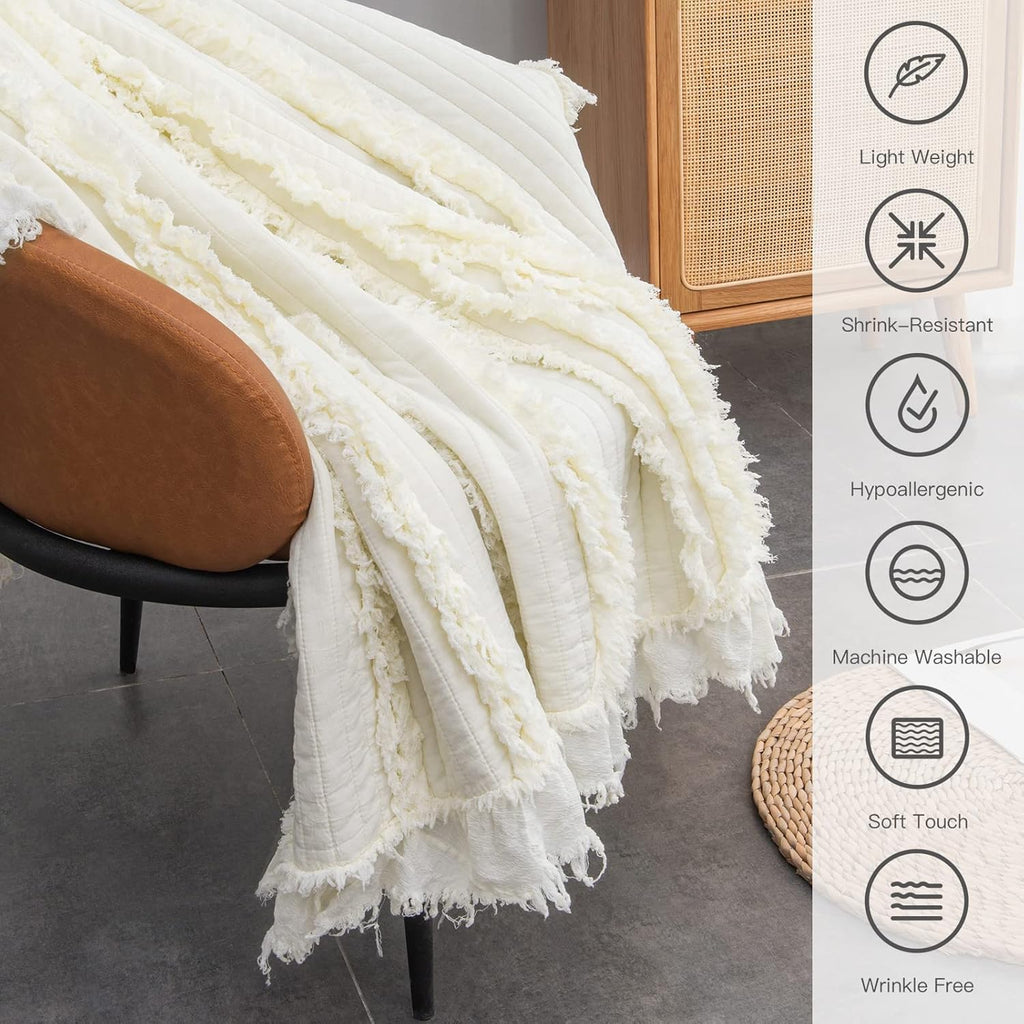 Ultra Soft Pre-Washed Warm Quilted Throw Blanket, Ruffle Fringed Cream Boho Decorative Throw, Stone Washed Chic