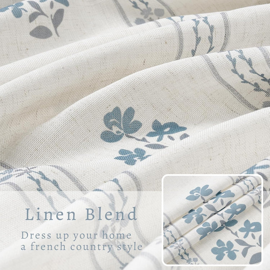 Blue Grey Pinch Pleated Floral Curtains for Living Dining Room Pinch Pleat Light Filtering Linen Semi