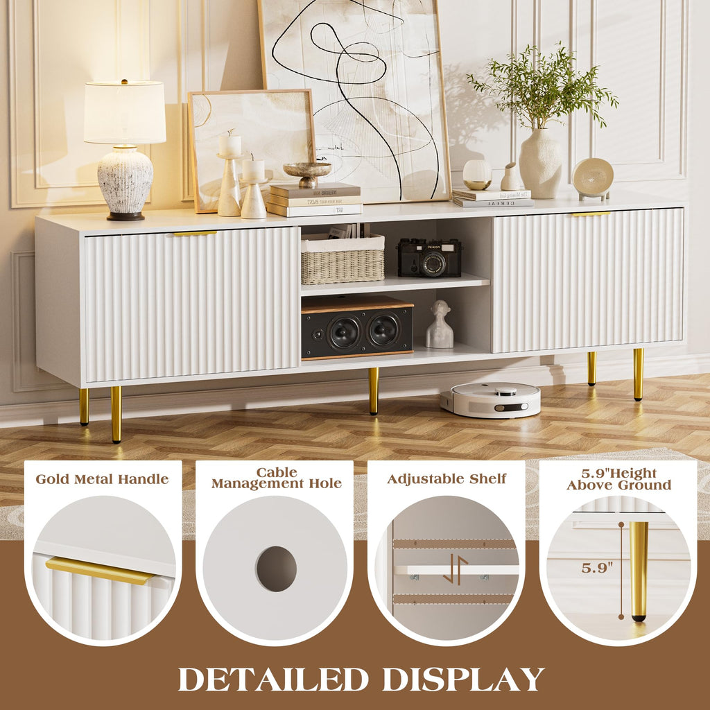 70" White Fluted TV Stand with Sliding Doors & Storage