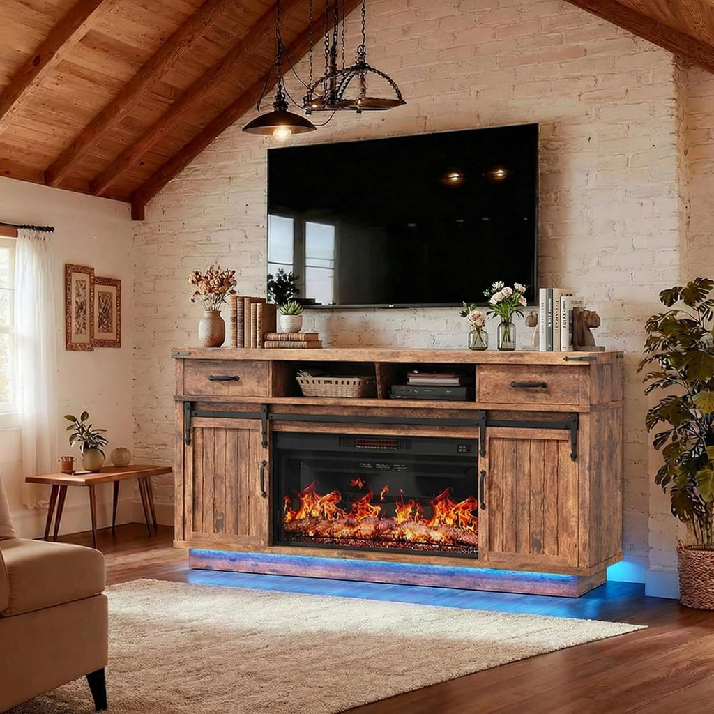 58" Farmhouse Electric Fireplace TV Stand for TVs up to 65", Entertainment Center with 2 Large Storage Drawers