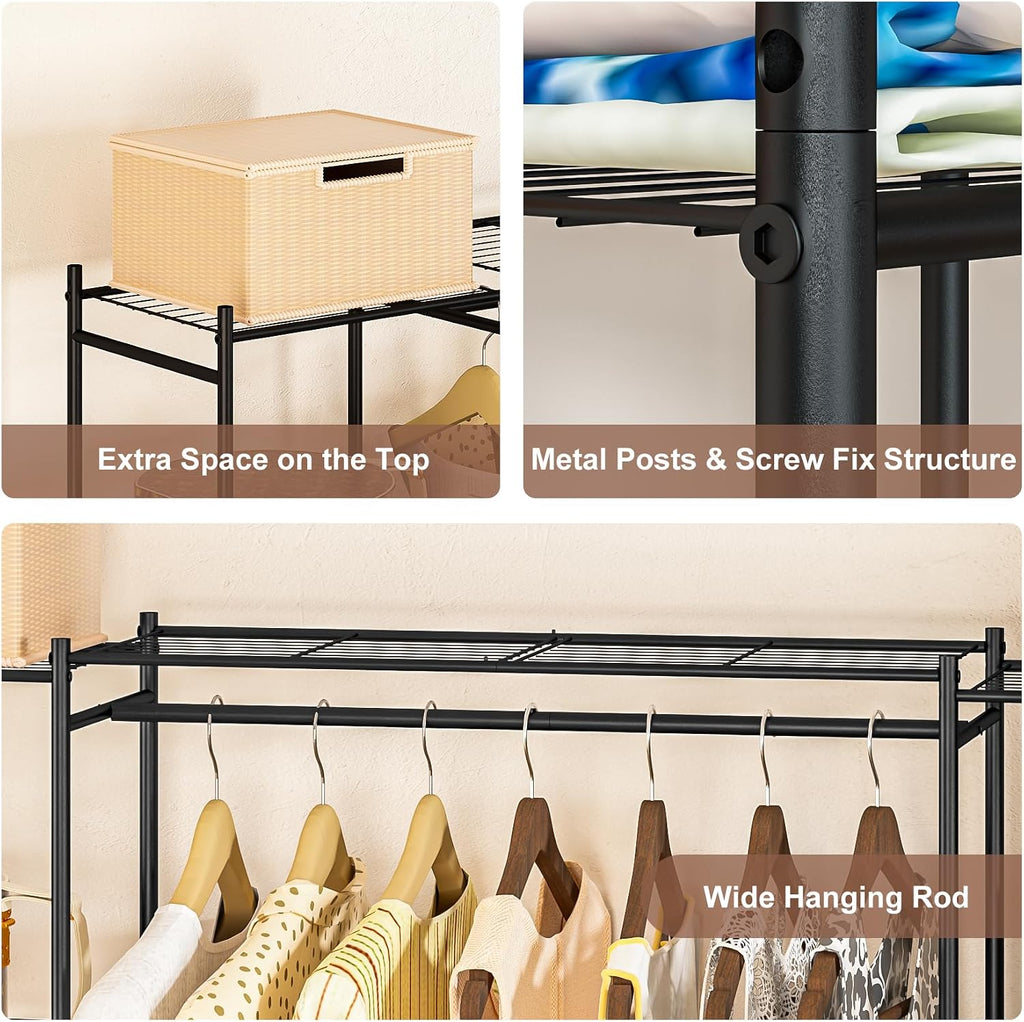 Portable Closet Wardrobe, Metal Clothing Rack with 8 Shelves & 1 Hang Rod, Free Standing Closet Rack for Hanging