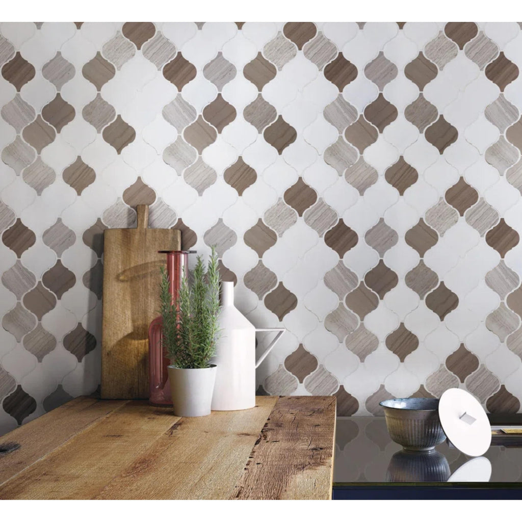 Mixed Marble Arabesque Mosaic Tile, Polished Natural Stone Backsplash, Shower Wall & Floor, 12.75" x 13.5", 1 Sheet