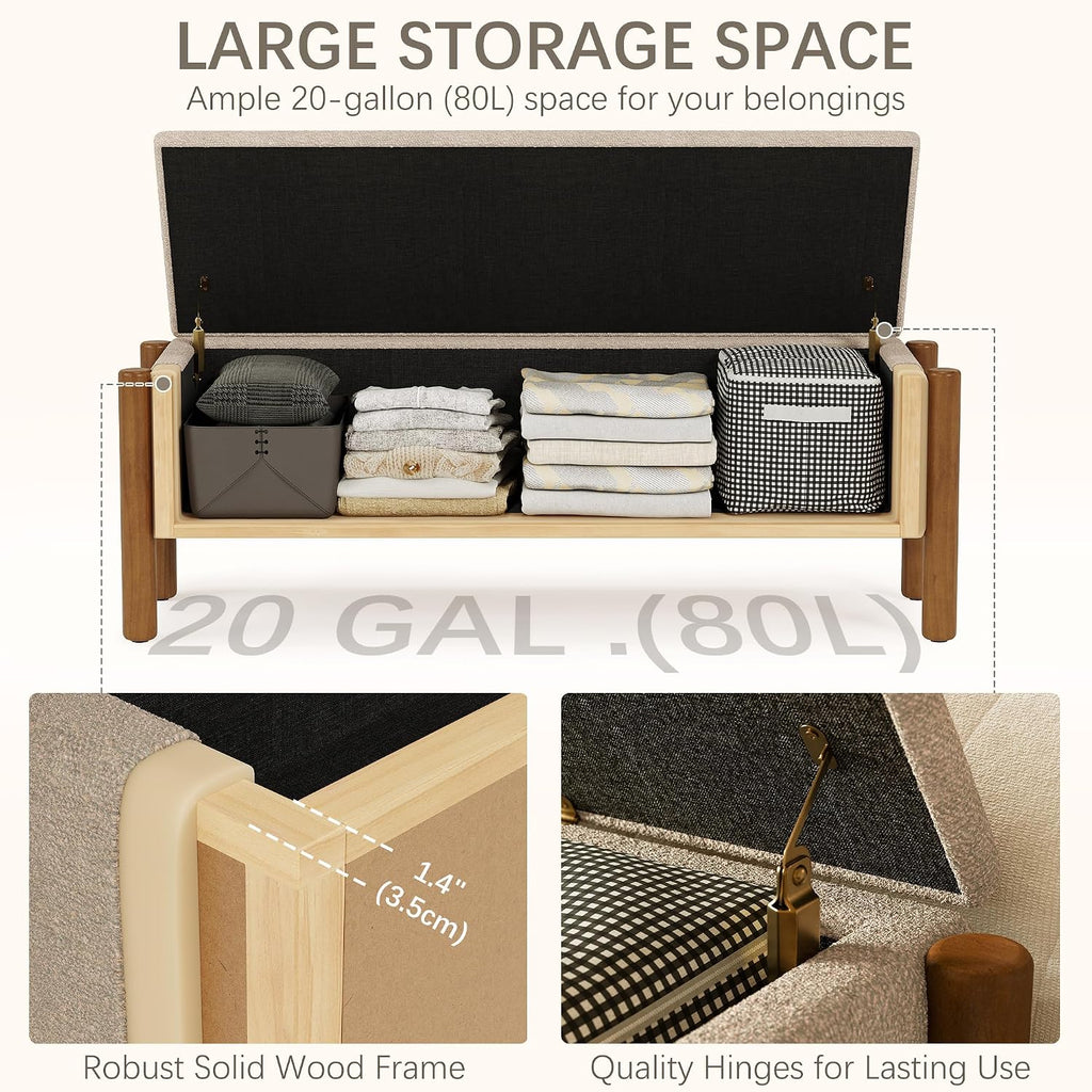 Modern Storage Benches with Walnut Wood Legs, 47'' Ottoman Bench with 20 Gallons Storage Space End of Bed, Fabric