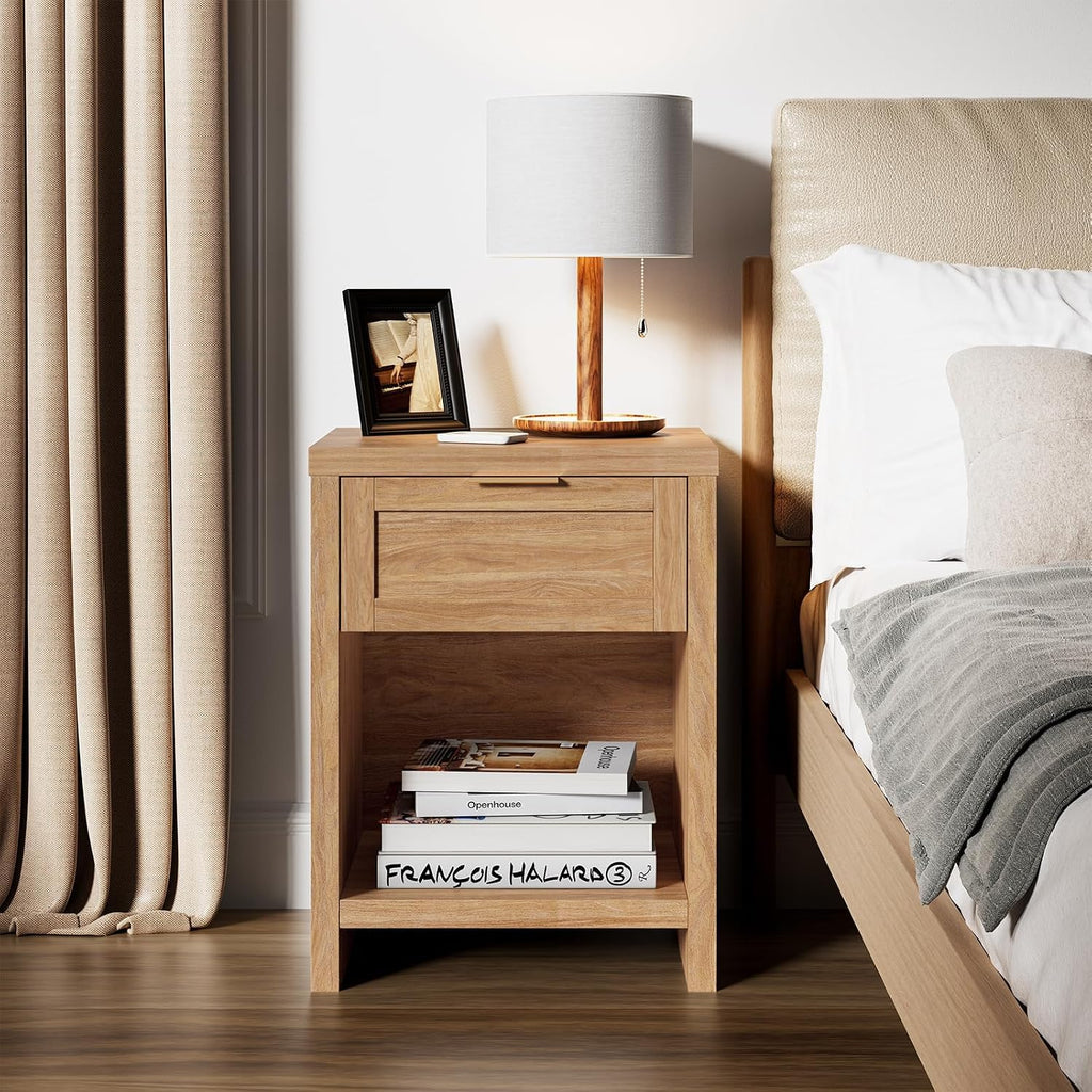 Nightstand with Drawer, Boho Bedside Table, Weathered Oak