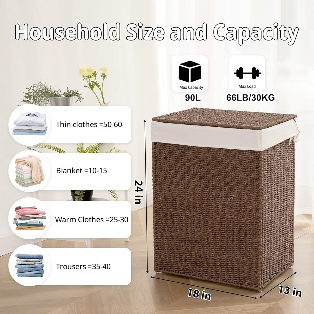 Laundry Hamper with Lid, 90L(23.8 Gal) Large Wicker Laundry Basket , Handwoven Paper Rope Clothes Hamper with