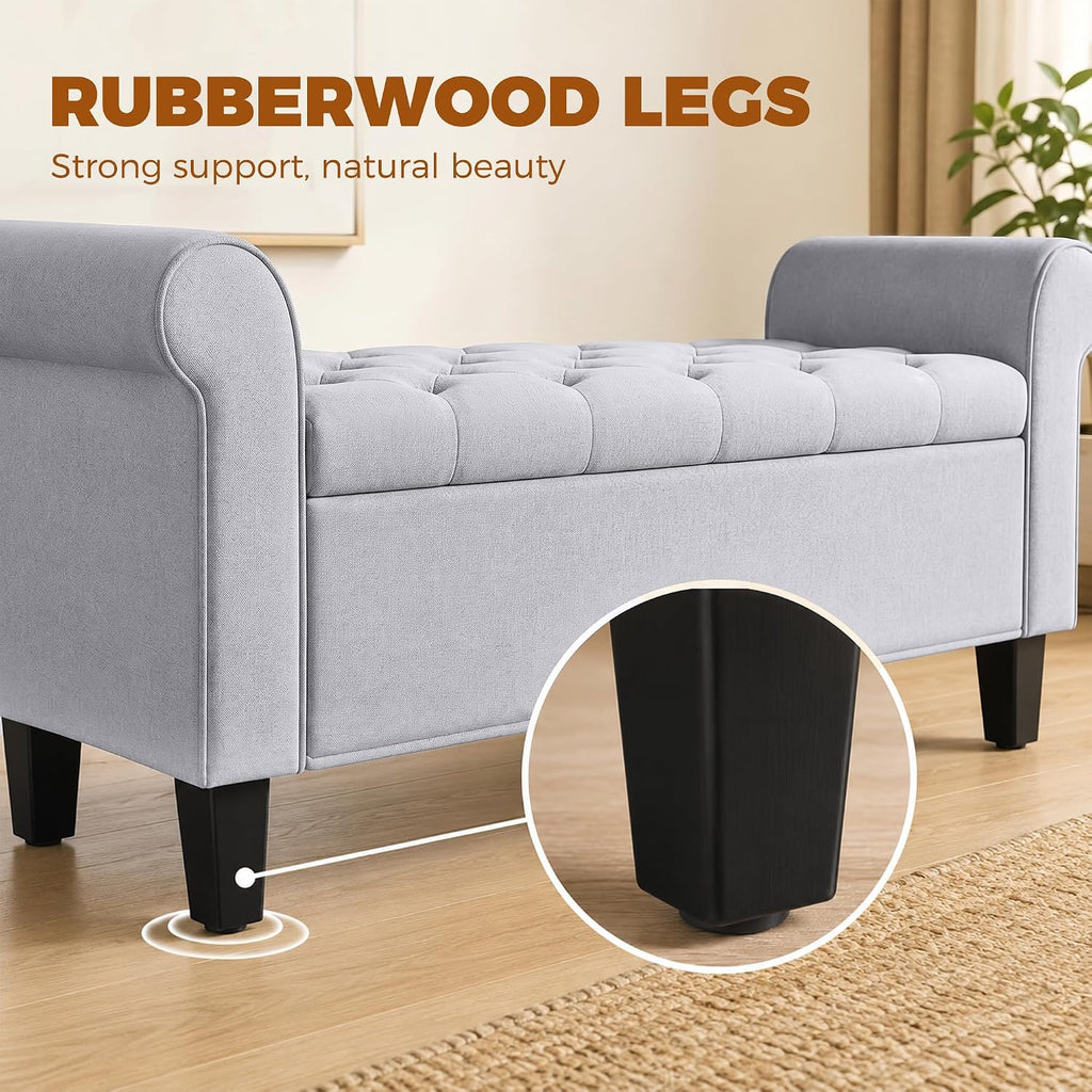 47" Ottoman wih Storage End of Bed Bench with Rolled Arms Light Gray | Storage Chest, Safety Hinge, Wooden Legs