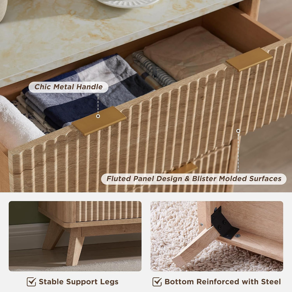 54" Wide Fluted 6 Drawer Dresser , Natural Oak | Mid Century Modern, Faux Marble Top, Curved Profile, Metal Handles