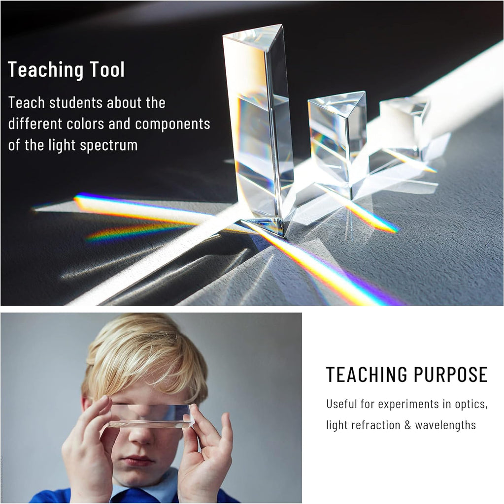 3pc Equilateral Crystal Prisms Set -1",2" & 4" Crystal Triangular Prism - Optical Prisms Glass Physics Teaching