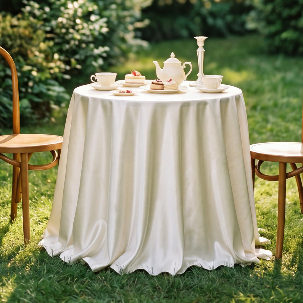 120 Inch Ivory Round Satin Tablecloth Overlay Seamless Table Cover