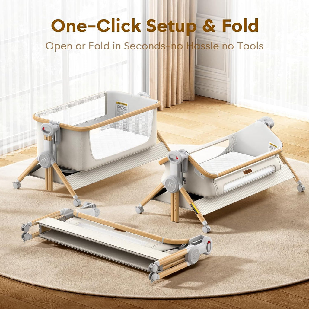 Bassinet Bedside Sleeper, 3-in-1 Foldable Bassinet for Newborns, One-Click Portable Baby Crib with Mesh Sides