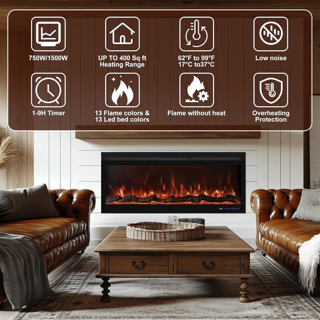 42 Inch Smart Wall Mount & in Wall Recessed Electric Fireplace Insert,App Control
