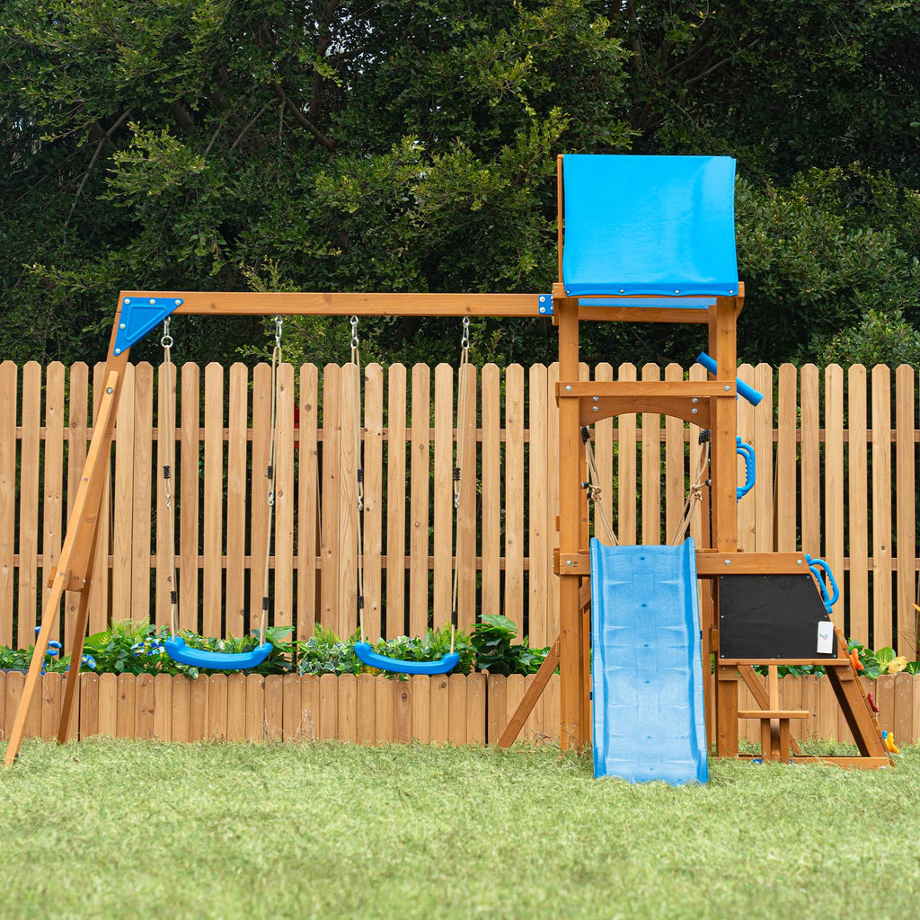 Playground Wooden Swing Sets for Backyard with Plank Bridge