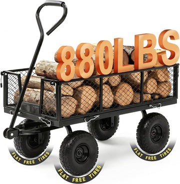 Heavy Duty Garden Wagon Cart - 880 LBS Steel Utility Cart with All-Terrain 3.50-4" Solid Wheels, 10" Tires, 180°