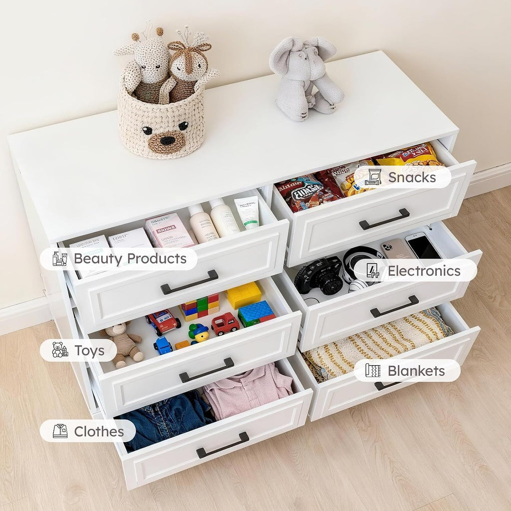 Farmhouse 6 Drawers Dresser , White Dressers with Unique Solid Wood Legs, Modern Wide Chest Dressers for Clothes