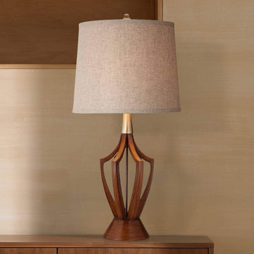St. Claire Mid Century Modern Table Lamp 30 3/4" Tall Wood Brown Open Vase Taupe Fabric Drum Shade Living Room House