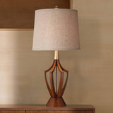 St. Claire Mid Century Modern Table Lamp 30 3/4" Tall Wood Brown Open Vase Taupe Fabric Drum Shade L
