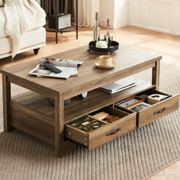 Farmhouse Coffee Table, Rectangle Coffee Table with Drawers, Rustic Wooden Coffee Tables with Storage, Center Table