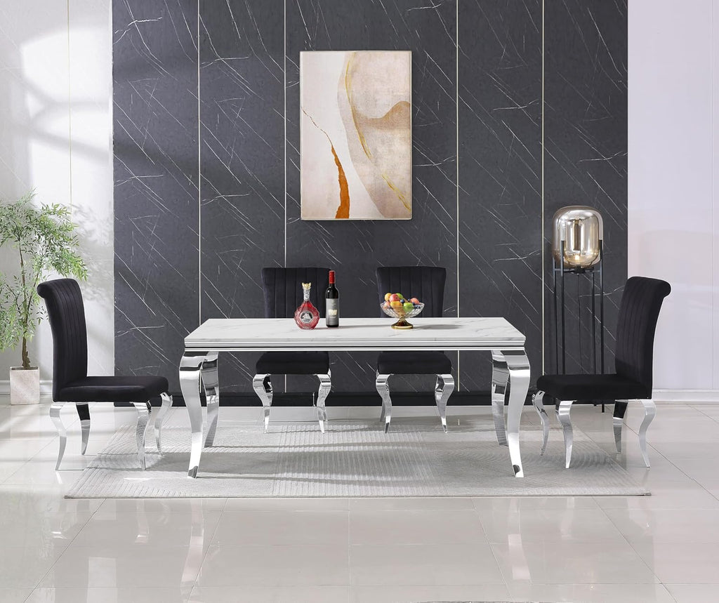 Luxury Marble Dining Table Rectangular 68" Faux Marble Kitchen Table with Silver Mirrored Stainless Steel Legs, White