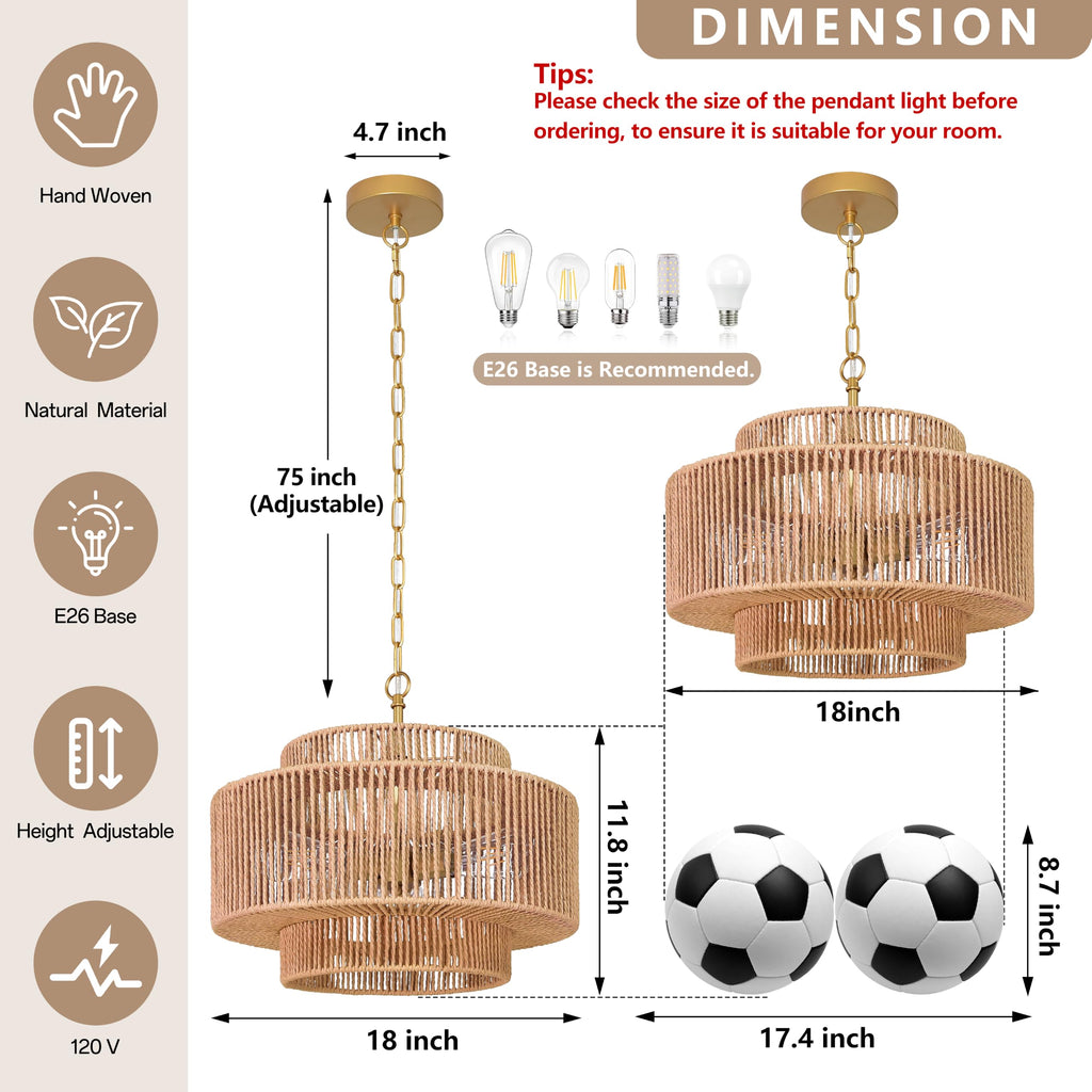 18" 3-Light Boho Gold Rattan Chandeliers