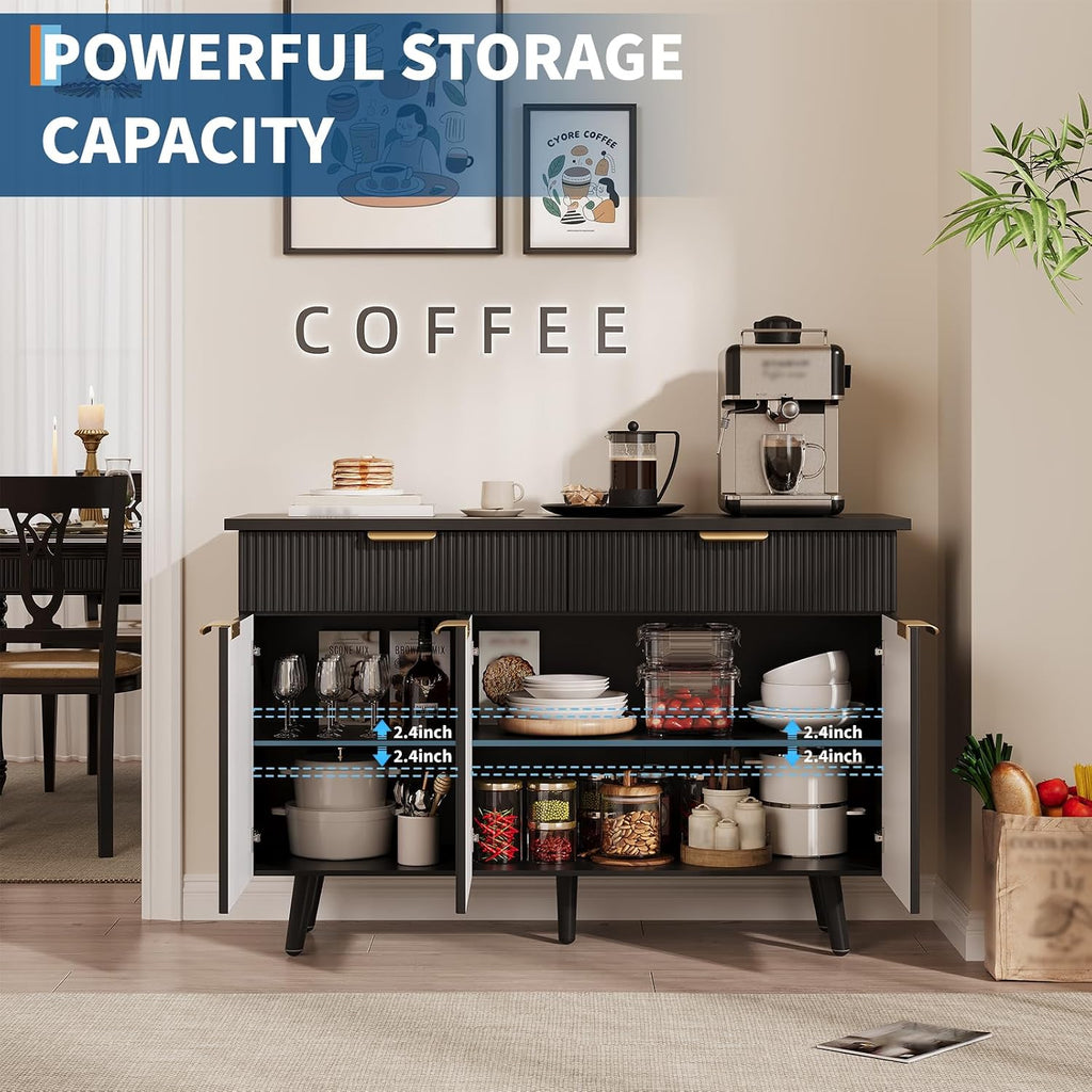47 Inch Sideboard Buffet Cabinet, Wood Storage Cabinet with 3 Fluted Doors, Adjustable Shelves and 2 Drawers, Coffee