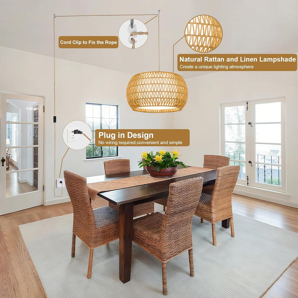 Boho Plug in Pendant Light Rustic Hanging Lights with Plug in Cord & Flower Lampshade, Fringe Hanging Lamp Dimmable