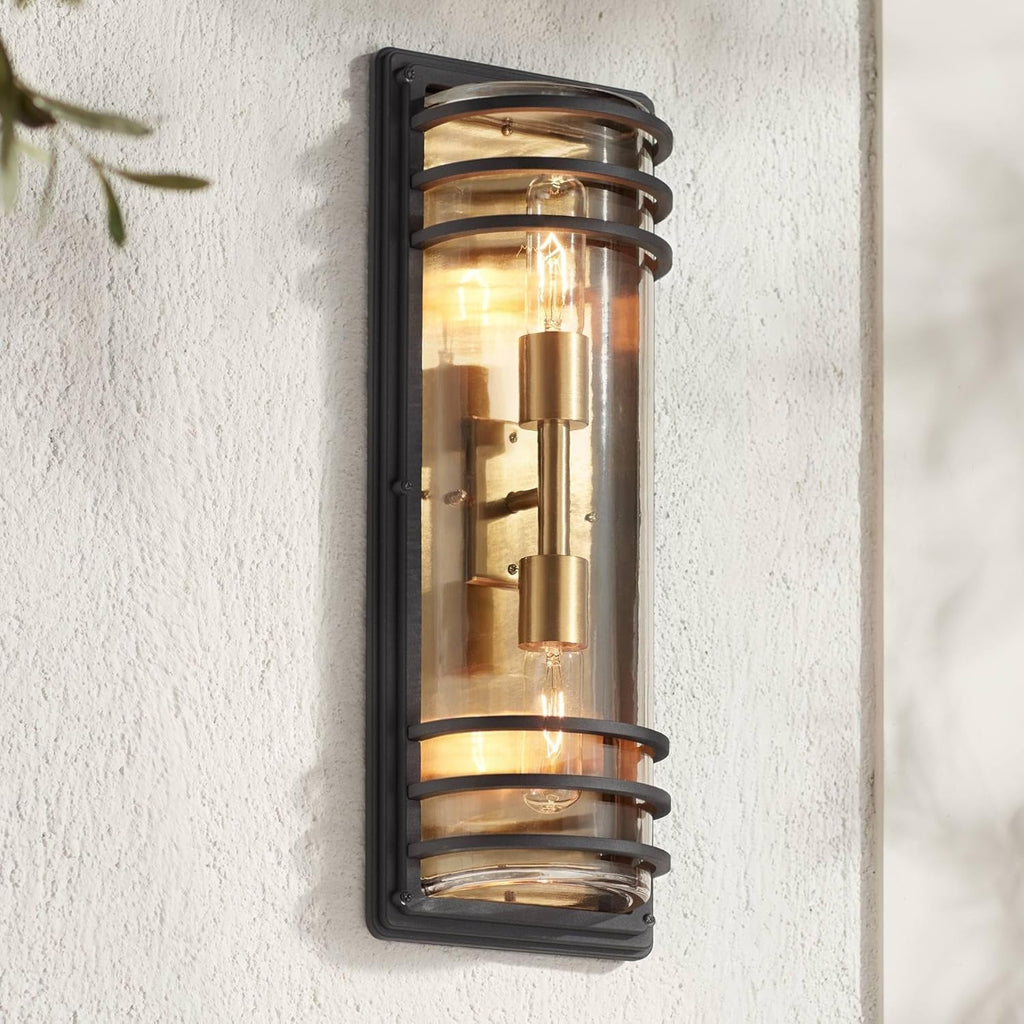 Modern Industrial Outdoor Wall Light Fixture Black Brass Gold Metal Frame 21" Clear Glass Shade for Post Exterior Barn Deck Porch Yard Patio Outside Garage Front Door A123-B0BDVNVPFP