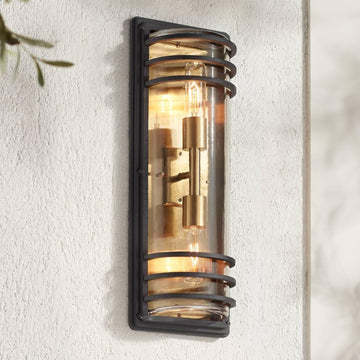 Modern Industrial Outdoor Wall Light Fixture Black Brass Gold Metal Frame 21" Clear Glass Shade for Post Exterior Barn Deck Porch Yard Patio Outside Garage Front Door