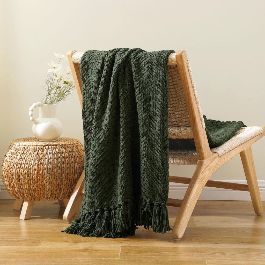 Olive Green Chenille Throw Blanket, Knit Throw Blanket,Super Soft Warm Home Decor Throw Blanket with Tassels,50" x 60"