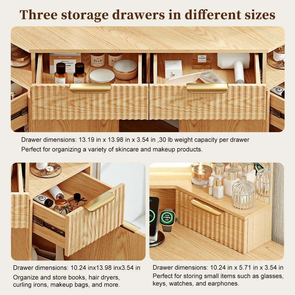 Corner Makeup Vanity Desk with 3 Way Mirror and Lights,48" Large Vanity Table with 6 Drawers & Storage Cabinets