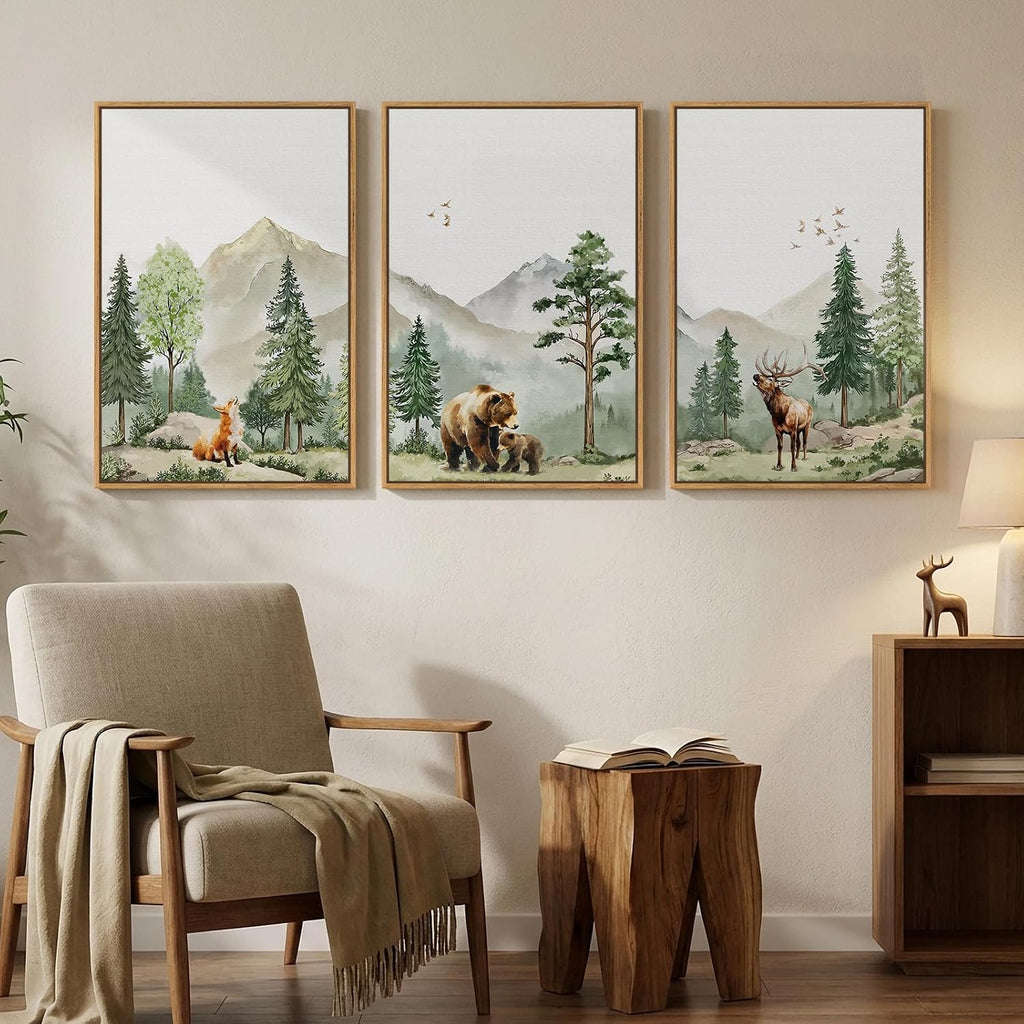 Framed Rustic Forest Animal Wall Art, 3 Piece Nature Landscape Deer Bear Fox Canvas Artwork for Modern Farmhouse