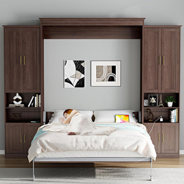 Murphy Bed Queen with 2 Side Cabinet Storage Shelves, Queen Wall Bed Cabinet with USB Port, Wood Foldable Platform