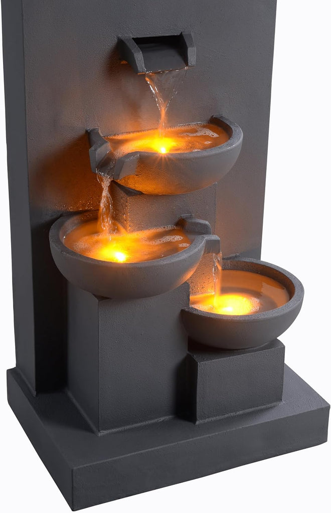 29.13" 3-Tier Cascading Outdoor Water Fountain with Planter, LED Lights Living Spaces, Matte Gray
