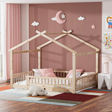 Full Size House Bed with Fence, Wooden Montessori Bed with Slats Support, Floor Bed Frame for Boys Girls Bedroom