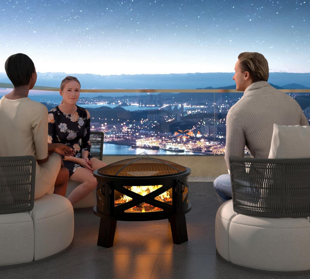 26"Steel Fire Pit with Grill Grate&Spark Screen,360° Airflow Boost Technology,Less Smoke,Larger Flames,Heavy-Duty