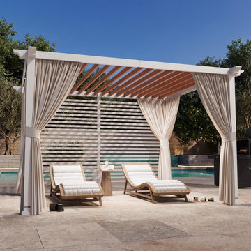 Modern Shade Open Sky 10'x12' Pergola Cabana, Modern Outdoor Pergola with White Privacy Curtains & Back Privacy Wall
