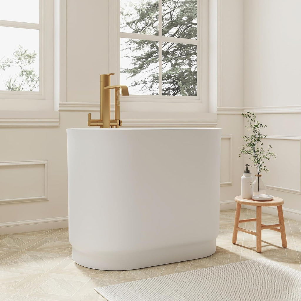 Solid Surface Japanese Soaking Tub, 39" Small Freestanding Bathtub, Stone Resin Deep Soak Stand Alone Tub for Small