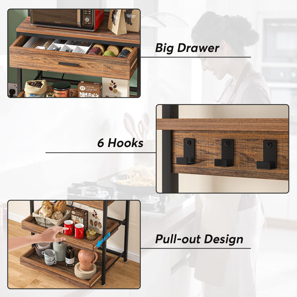 Kitchen Baker's Rack with Power Outlets, Freestanding 5-Tier Microwave Stand with Drawers & Sliding Shelves, Coffee