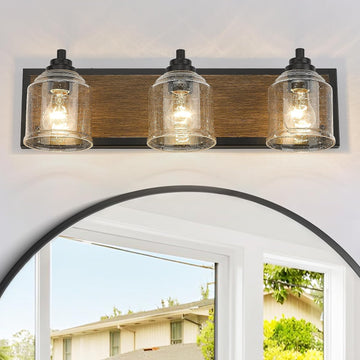 23" 3-Light Farmhouse Bathroom Vanity Light with Bubble Glass, Brown | Farmhouse Rustic style, Metal base with