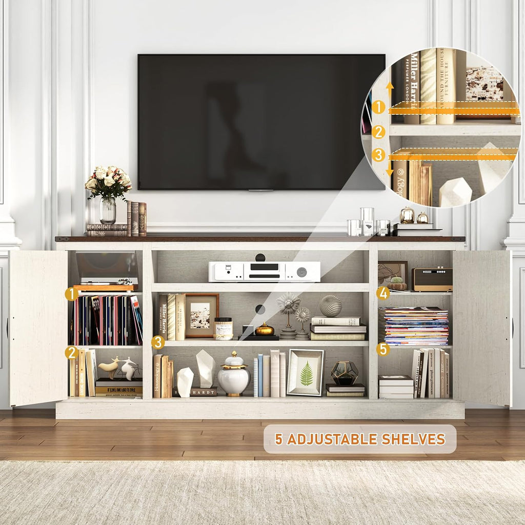 75" Farmhouse TV Stand with Power Outlets for 85 Inch TVs, 33" Tall Entertainment Center with Storage Cabinets