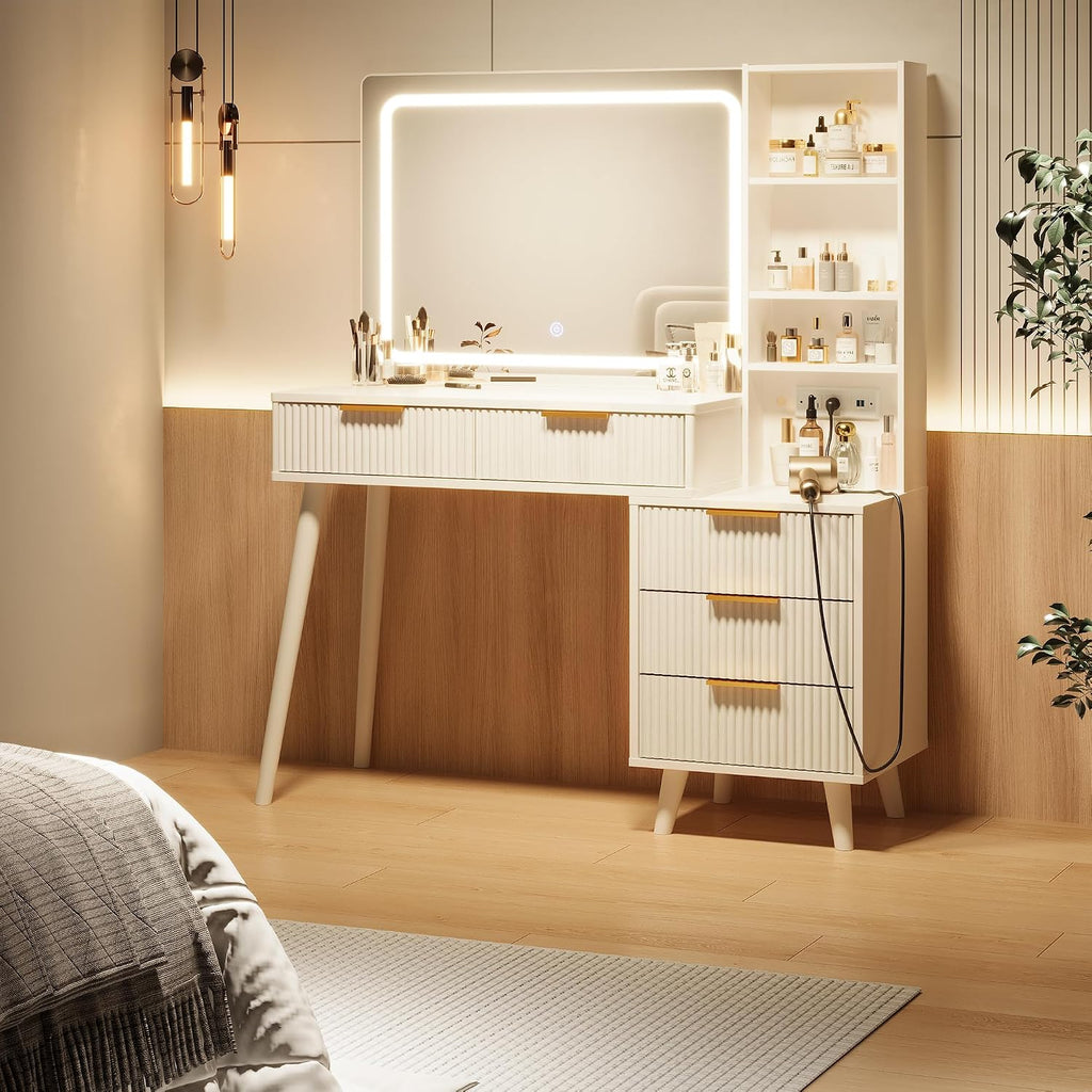 Vanity Desk with Mirror and Lights, Makeup Vanity Desk with Power Outlet, Makeup Desk with 5 Drawers&Storage Shelves