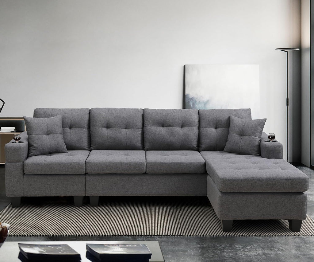 Sectional Sofa Couch, Modern 4-Seaters Living Room Furniture Sets with Reversible Chaise Lounge & 2 Pillows |