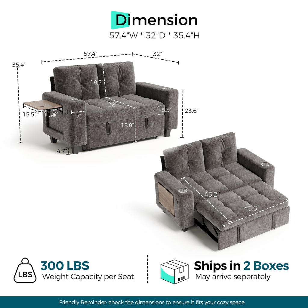 Modular Sectional Sofa Bed, Chenille Pull Out Couch 2 Seat Grey