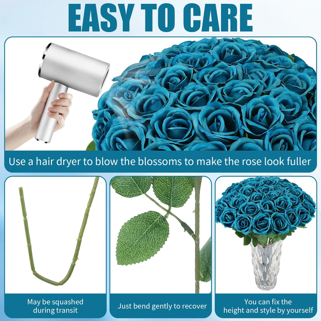 36 Pcs Teal Artificial Roses with Long Stems