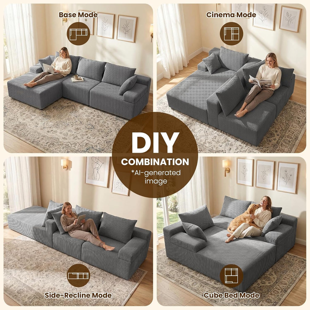 108" Boneless Sectional Couch,Corduroy Cloud Couch Sectional ,Modern L Shaped Modular Sectional Couch,3 Seater Sofa
