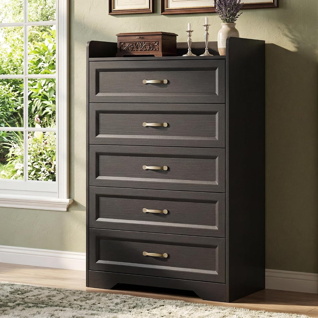 5 Drawer Dresser, 44.3" H Chest of Drawers, Black Dresser , Modern Wood Storage Cabinet with with Large Capacity