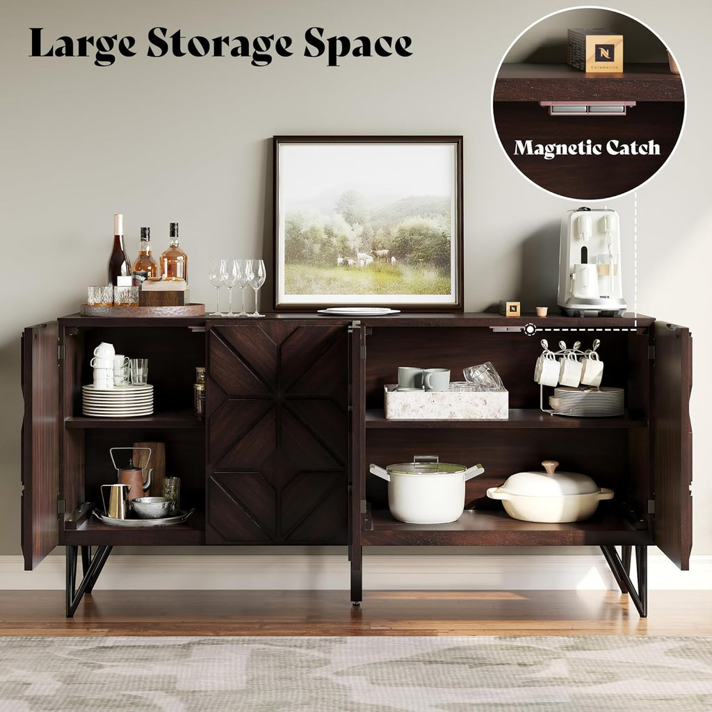 63” Solid Acacia Wood Sideboard Buffet Cabinet, Hand-Carved Geometric Door Console with Adjustable Shelves for Hallway