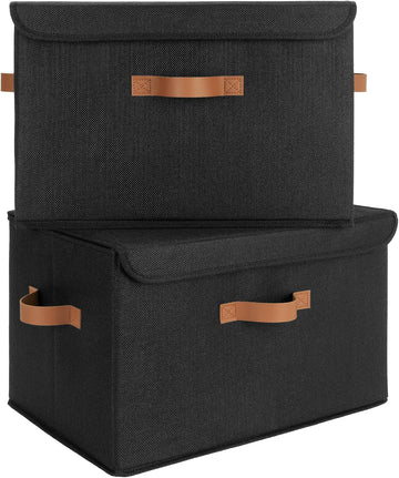 Black Storage Bins with Lids, Decorative Storage Boxes with PU Handles, Linen Closet Organizer, Storage Baskets for