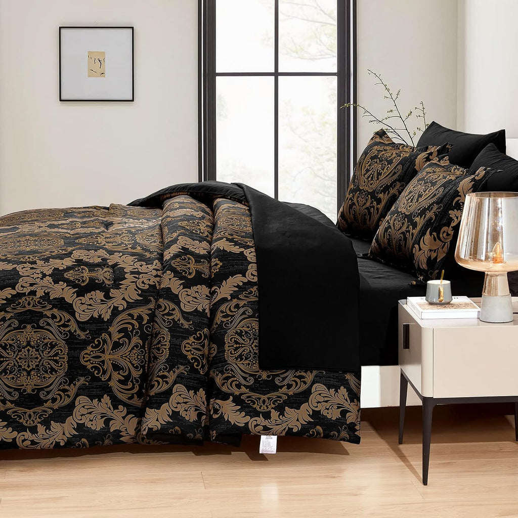 Black Comforter Set, Gold Damask Texture 7 Pieces Bed in a Bag Microfiber Comforter Bedding Sets-1 Comforter